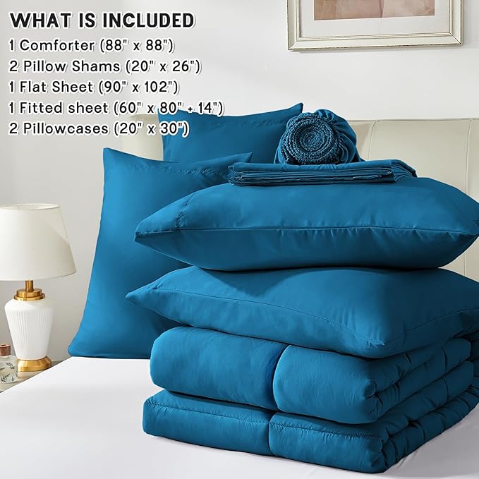 Anluoer Queen Comforter Set 7 Piece, Teal Bed in a Bag with Sheets, Comforters Queen Size Bedding Sets with 1 Comforter, 2 Pillow Shams, 2 Pillowcases, 1 Flat Sheet,1 Fitted Sheet