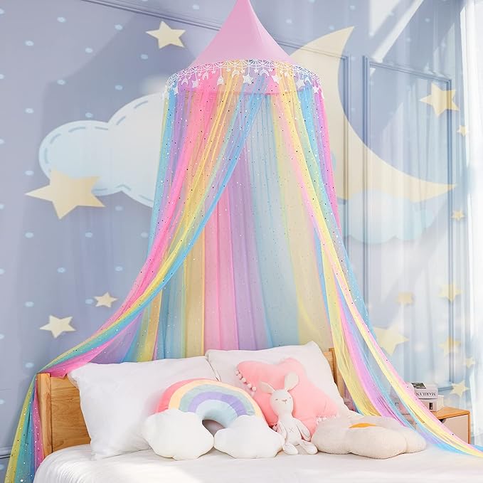 Rainbow Bed Canopy for Girls,Shiny Kids Princess Round Dome Bed Curtain with Star Moon Glitter,Kids Crib Canopy Play Tent Canopy Dreamy Bed Netting