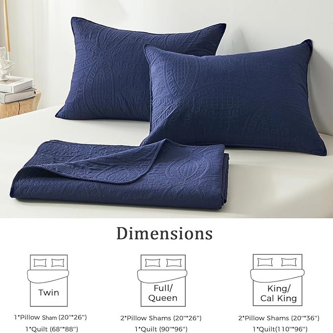 akkialla Queen Quilt Bedding Set,Navy Blue Ultrasonic Full/Queen Quilt Set,Lightweight Soft Bedspread Coverlet,Modern Style Coin Pattern Bed Cover for All Seasons,3 Piece(1 Quilt,2 Pillow Shams)