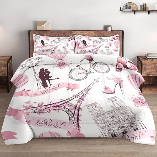 Queen Size Comforter Set with 2 Pillowcases, Vintage Paris Eiffel Tower Love Soft 3 Pcs Bedding for Kids and Adults Bedroom Bed Decor