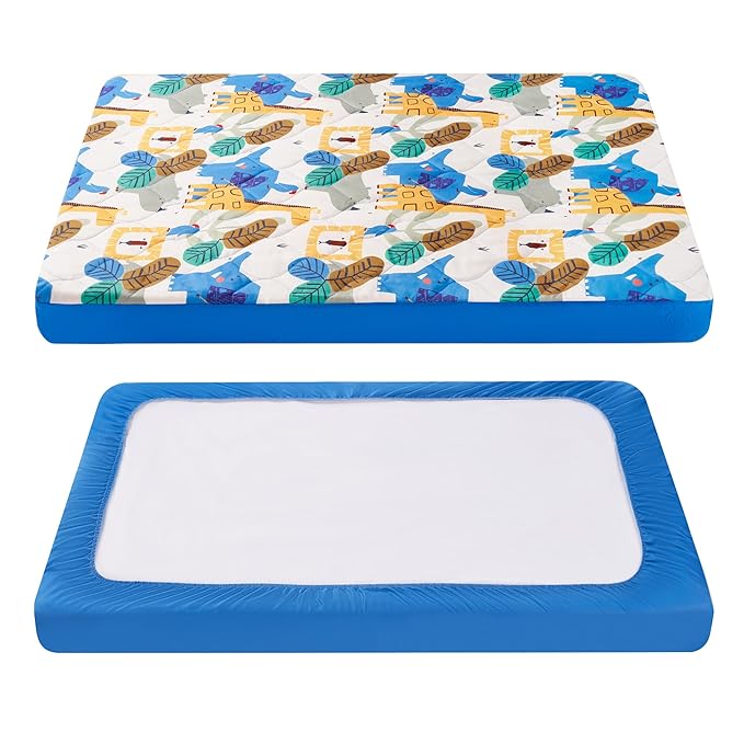 TILLYOU Pack and Play Sheet - Soft Quilted Crib Cover Pad, Toddlers Mattress Protector with 1''-3'' Deep Pocket, Thick Play Yard Playpen Sheets, Crib Mattress Pad 39"x27", Animal Geometry