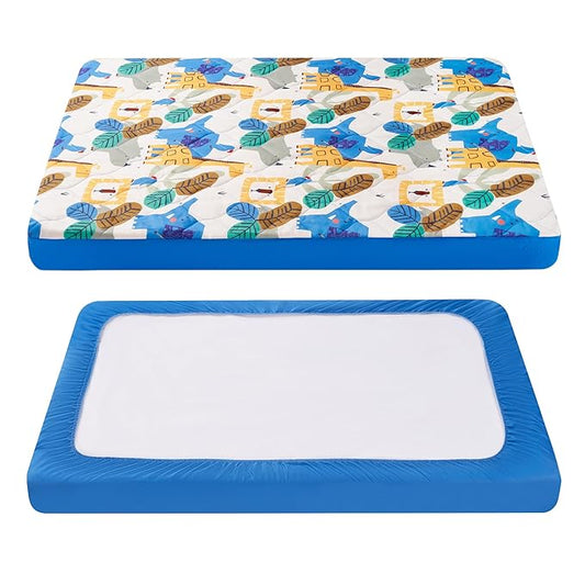 TILLYOU Pack and Play Sheet - Soft Quilted Crib Cover Pad, Toddlers Mattress Protector with 1''-3'' Deep Pocket, Thick Play Yard Playpen Sheets, Crib Mattress Pad 39"x27", Animal Geometry