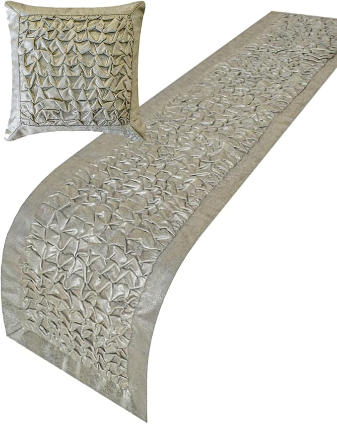 The HomeCentric King/Queen/Twin Silver Decorative Bed Runner Queen 74"x18" Bed Runner Without Pillow Cover, Foil, Knotted,Textured Bed Scarf on Jacquard Fabric - Polished Silver