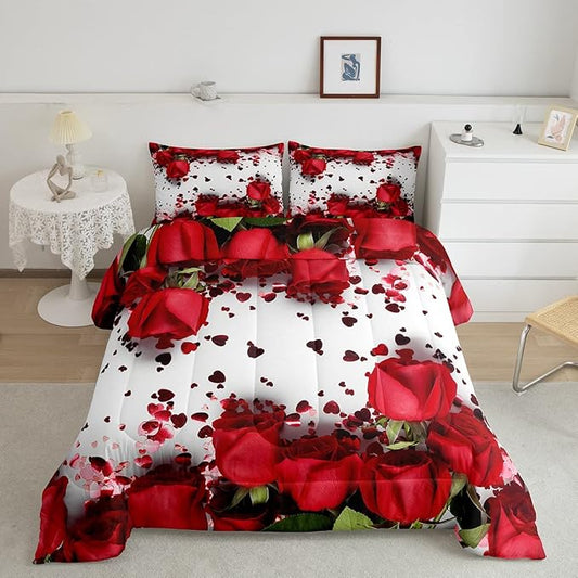 Feelyou Rose Comforter Red Rose Petals Bedding Set Floral Bouquet Botanical Design Comforter Set Romantic Flowers Duvet Set Valentine's Day Couple Lover Room Decor Quilt Twin Size Boys