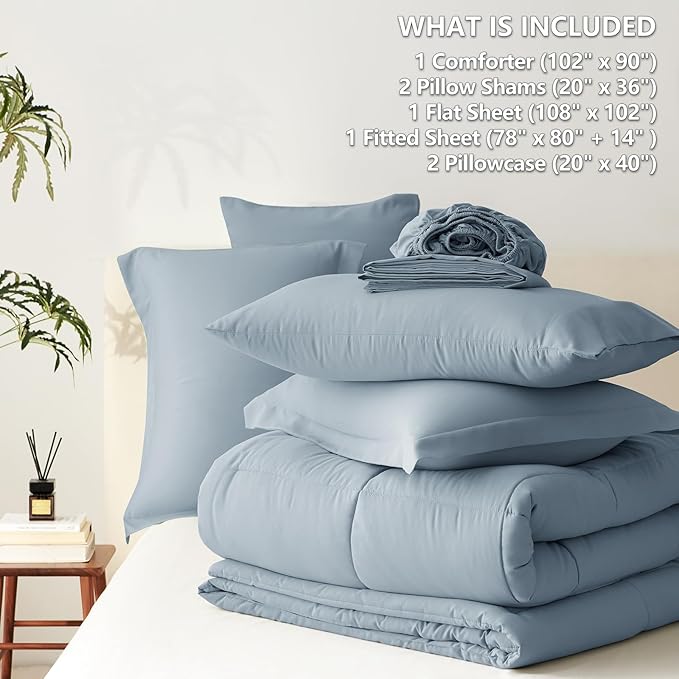 CozyLux King Size Comforter Set Grayish Blue - 7 Pieces Bed in a Bag King, Okeo-Tex Certifited Bedding Set, All Season Soft Bed Set with Down Alternative Comforter, Sheets, Pillowcases & Pillow Shams