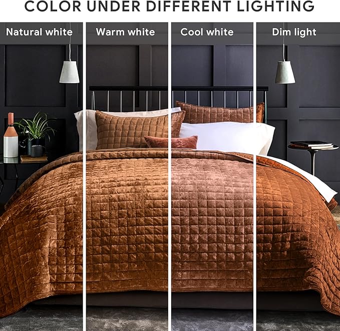RECYCO Luxury Velvet Quilt Set Full Queen Size Bedding Sets, Ultra Soft Velvet Comforter Set, Lightweight Oversized Bedspread Quilted Coverlet for All Season, with 2 Pillow Shams, Rusty Burnt Orange