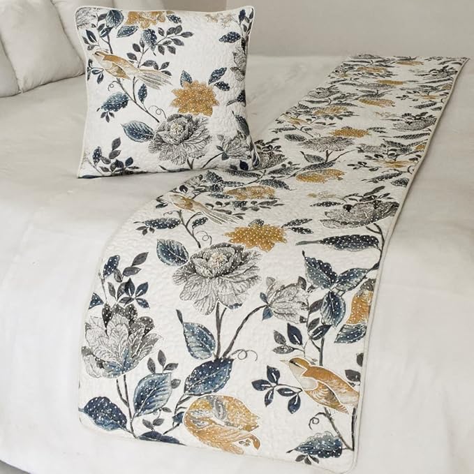 The HomeCentric King/Queen/Twin Blue & Ivory Decorative Full 68"x18" Bed Runner Without Pillow Cover, Bird, Pearl & Quilted Bed Scarf on Linen Fabric - Vintage Birdena