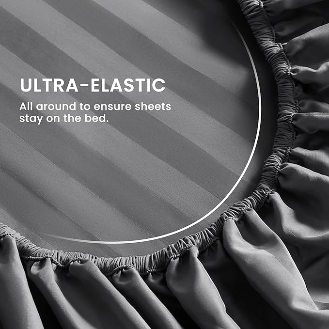 SLEEP ZONE Striped Cooling Sheets Set Full Size - Fitted Flat Sheet & Pillowcase Sets 4 Piece - Super Soft Stripe Bed Sheet, Easy Care, Deep Pocket (Gray, Full)
