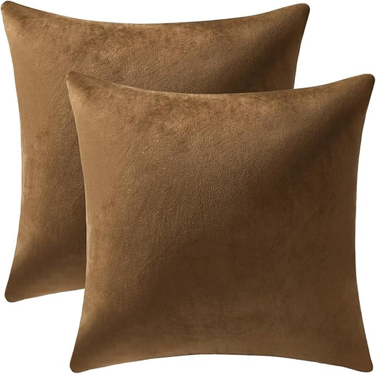 Euro Sham Covers 24x24 Golden Brown: Pack of 2 Cozy Soft Velvet Square Modern Luxury Decorative Throw Pillow Cases for Sofa Couch Living Room Bed Home Decor