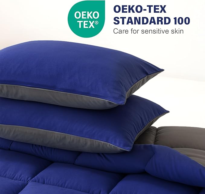 Decroom Lightweight Full Comforter Set with 2 Pillow Sham - 3 Pieces Set - Quilted Down Alternative Comforter/Duvet Insert for All Season - Blue/Grey - Full Size