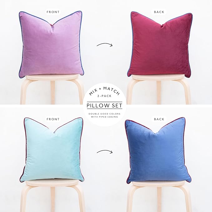 MONDAY MOOSE Decorative Throw Pillow Covers Cushion Cases, Set of 2 Soft Velvet Modern Double-Sided Designs, Mix and Match for Home Decor, Pillow Inserts Not Included (18x18 inch, Purple/Blue)