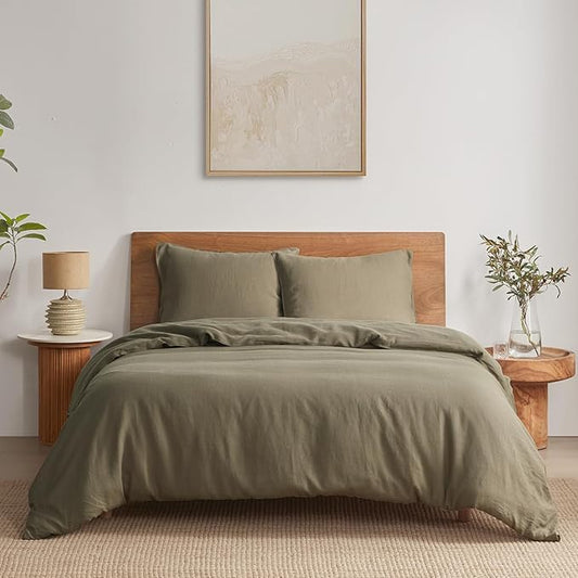DAPU 100% Linen Duvet Cover Set - Pure Natural French Flax Linen with Corner Ties and Zipper Closure Soft Breathable Durable for Hot Sleepers 1 Duvet Cover 2 Pillowcases (Forest Green, King)