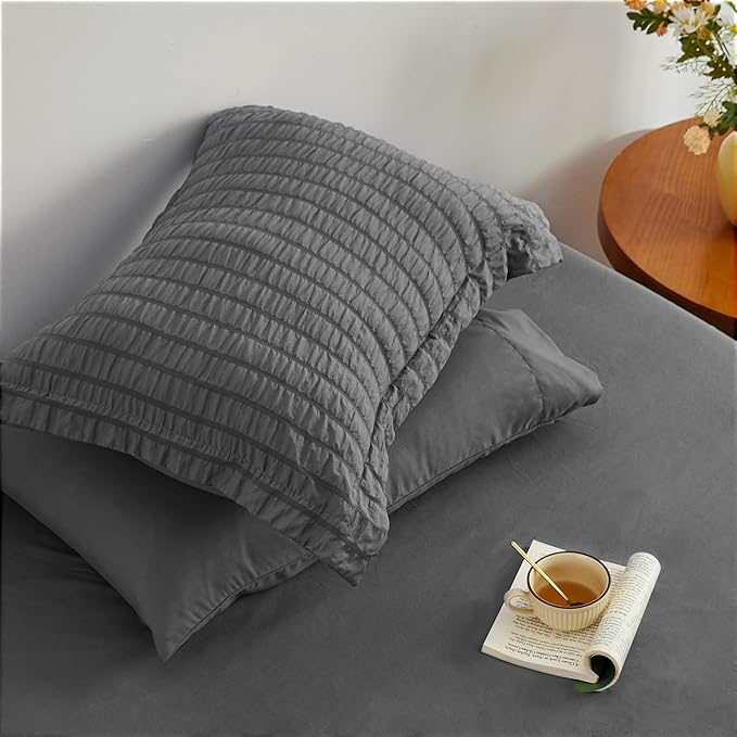 Love's cabin Seersucker Dark Grey California King Comforter Set, 7 Pieces California King Bed in a Bag, All Season Bedding Sets with Comforter, Flat Sheet, Fitted Sheet, Pillowcase and Pillow Sham | Soft, Breathable, Lightweight