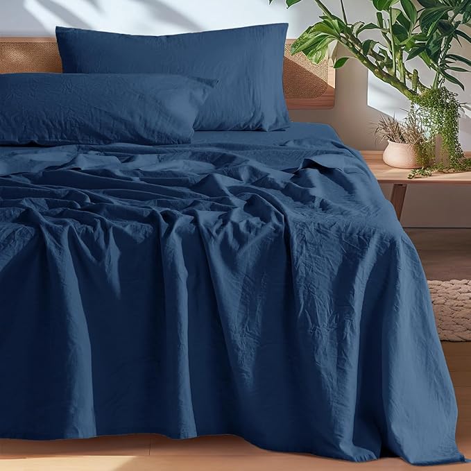 SONORO KATE 100% French Pure Linen Sheets, Breathable and Durable Line Sheets, Anti-Tear Line Bed Sheets, Machine Washable, 16 Inch Deep Pocket - 4 Piece (Navy Blue, California King)