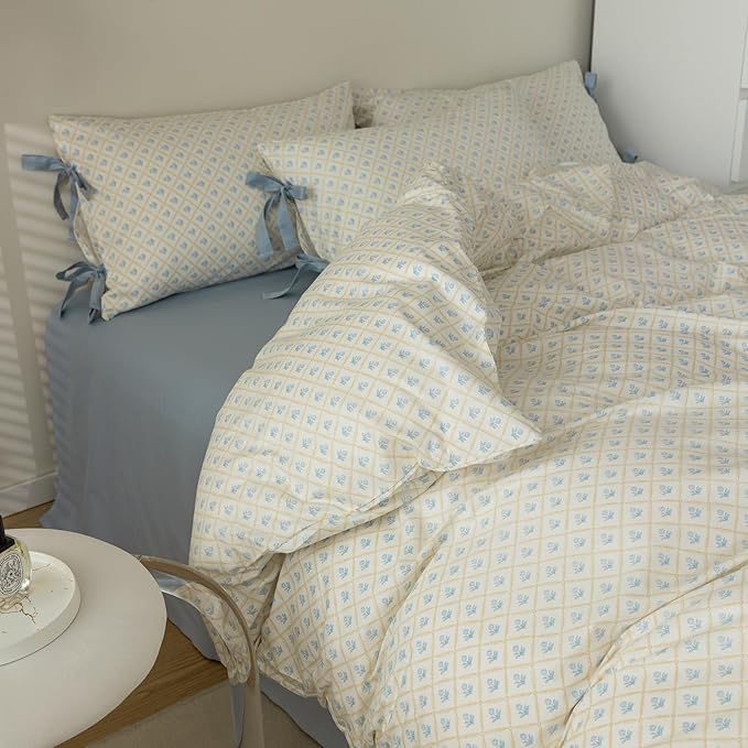 Blue Floral Duvet Cover King Teen Girls Cottagecore Bedding Set King 3 Pieces Soft Cotton Peach Flowers Coquette Comforter Cover with Bow Ties Pillowcases,Vintage Country Bedding Sets