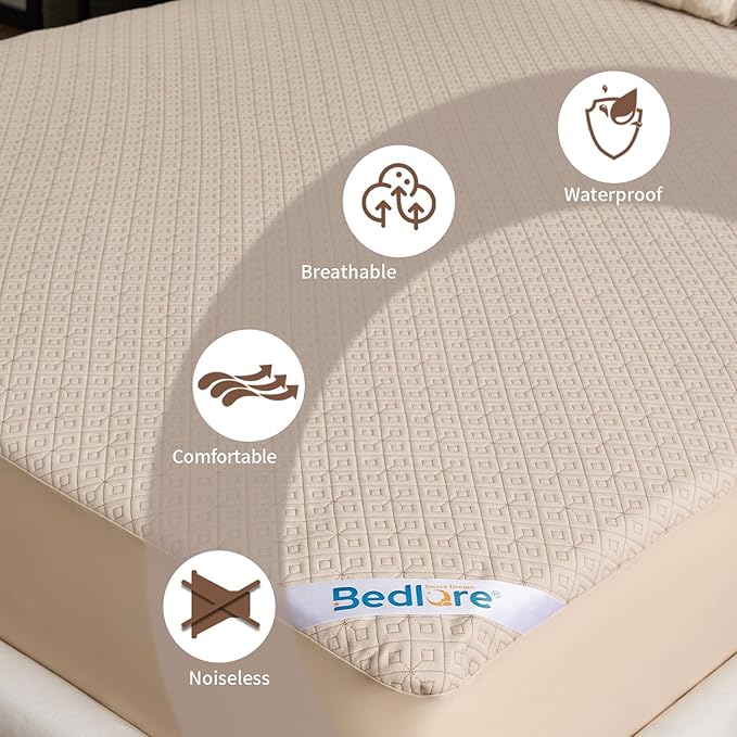 BEDLORE Twin XL Size Mattress Protector, Waterproof Noiseless Mattress Cover with Stretchable Pockets for 6-15 inches Mattress, Soft Breathable Mattress Pad for College Dorm (Beige)