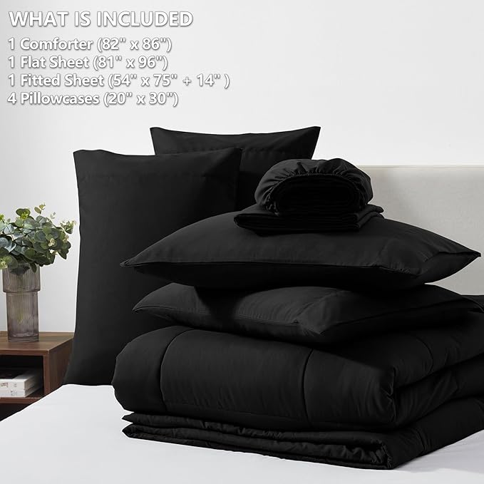 CozyLux Full Size Comforter Sets Black, 7 Pieces Bed in a Bag, Black Comforter Full Size, All Season Bedding Sets with Stitch Quilted Comforter, Flat Sheet, Fitted Sheet, Pillowcases (Pack of 2)