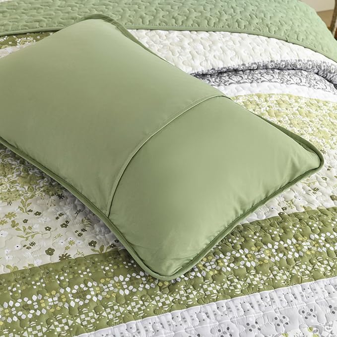 WONGS BEDDING Boho Quilt Set Full Size,Olive Green Bohemian Striped Patchwork Bedspread Coverlet Set,3 Pieces Microfiber Bedding Set for All Seasons (78"x90")