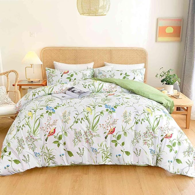 Nanko Queen Size Duvet Cover Set, Green Floral/Flower Leaf Bird Print Pattern, 3pc 90x90 Microfiber Comforter Quilt Bedding Cover with Zip Ties - Spring Modern Farmhouse for Men and Women Teen Girl
