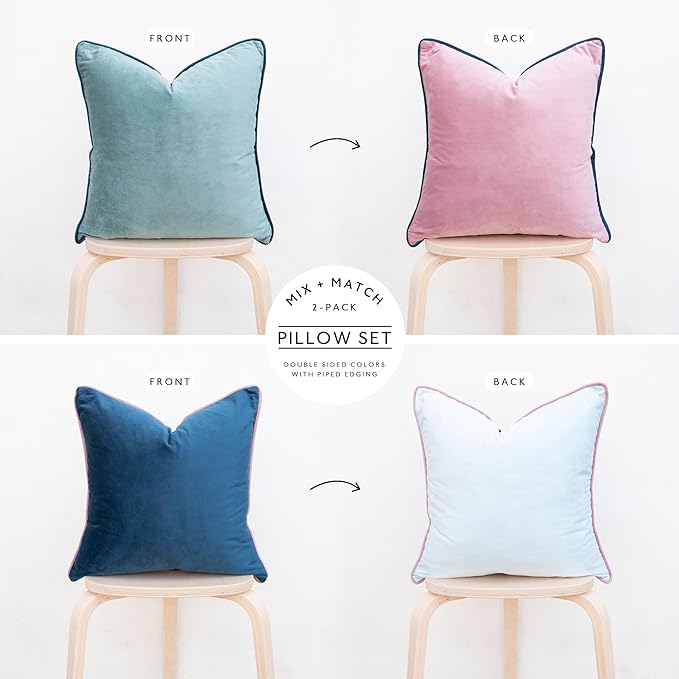 MONDAY MOOSE Decorative Throw Pillow Covers Cushion Cases, Set of 2 Soft Velvet Modern Double-Sided Designs, Mix and Match for Home Decor, Pillow Inserts Not Included (20x20 inch, Pink/Blue)