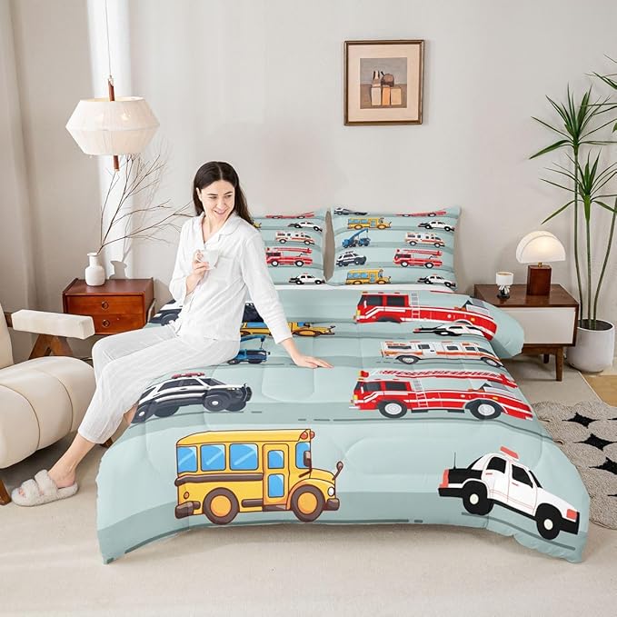 Erosebridal Fire Truck Comforter Set,Police Car Down Comforter King Size,School Bus Bedding Set for Kids Boys Teens Youth,Equipped Truck Cartoon Vehicle Quilt Duvet Insert Bedroom Dorm Decor 3 Pcs