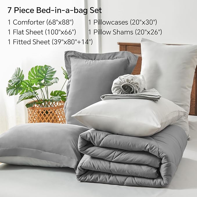 BEDELITE Twin XL Comforter Set 5 Pieces Bed in A Bag - Soft Microfiber Reversible Twin Extra Long Grey Bed Set with Comforters, Sheets, Pillowcase & Sham, Cozy Bedding Sets for College Dorm Room