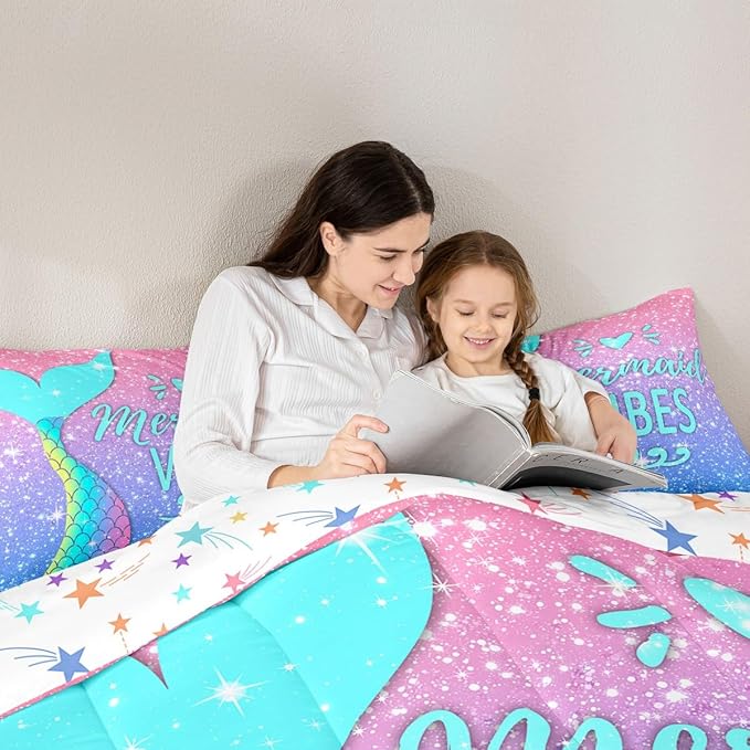 Girls Mermaid Tail Comforter Set Full Kawaii Coastal Fish Scales Bedding Set Glitter Star Galaxy Comforter Blue Pink Pastel Ombre Set Princess Bed Set Ocean Animal Quilt Duvet 2 Pillowcases Teal