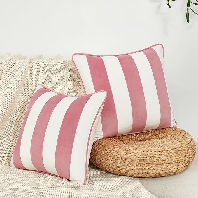 MONDAY MOOSE Decorative Throw Pillow Covers Cushion Cases, Set of 2 Soft Velvet Striped Piping Edge Designs, Pillow Inserts Not Included (16x16 inch, Light Pink/White)