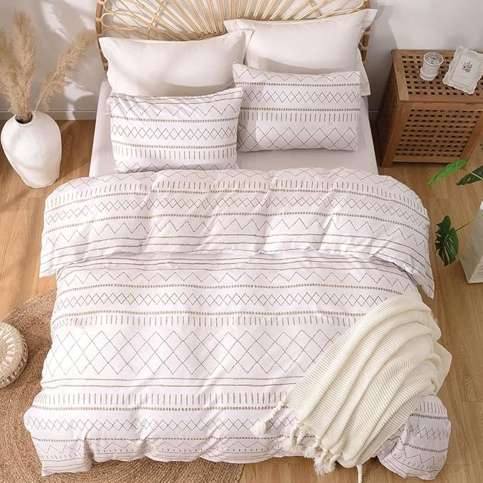 Lekesky Duvet Cover Queen Size, Soft Microfiber Boho Aztec Duvet Cover Set White Geometric Pattern Bohemian Bedding Duvet Cover Sets with Zipper Closure Corner Ties (No Comforter)