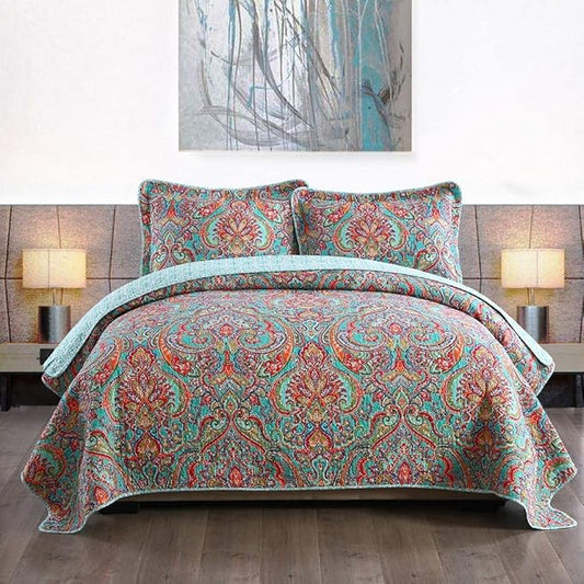 Travan 3-Piece Bedspread Quilt Set Oversized Reversible Quilted Bedding Cotton Coverlet Set with Shams, Gorgeous Floral Pattern, Twin Size