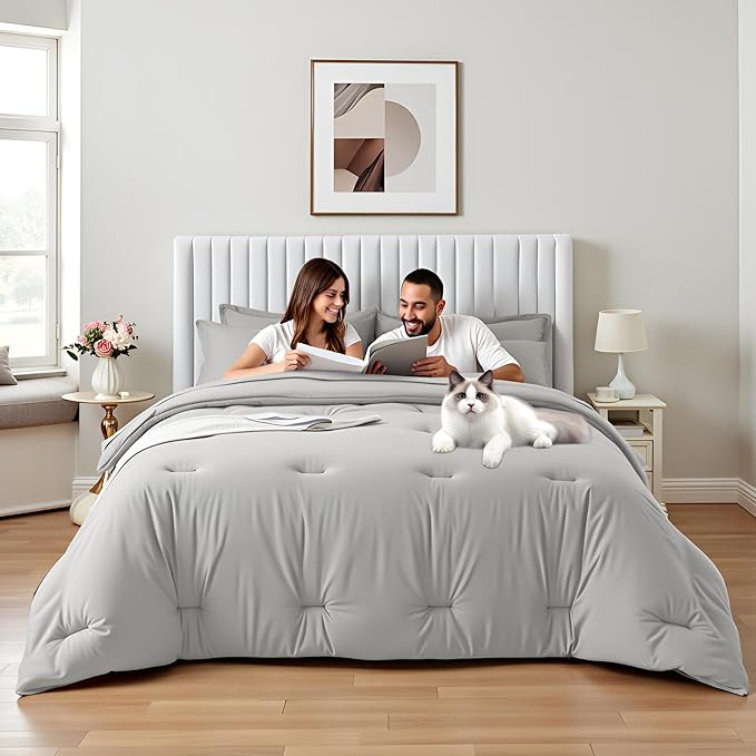 Twin Comforter Set 5 Piece - Soft Bed in a Bag Queen Size Comforter Sets, Cozy Luxury Bedding Sets with All Season Comforter, Flat Sheet, Fitted Sheet,Pillowcases & Shams, Light Gray