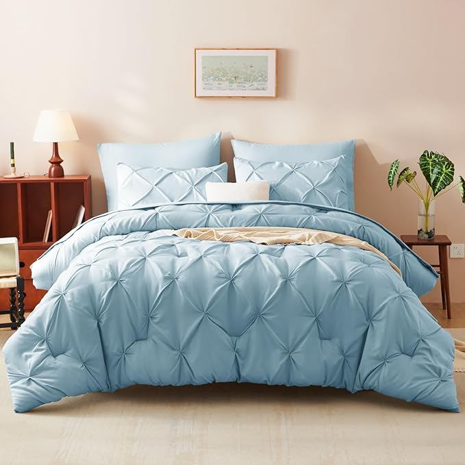 King Comforter Set Light Blue, 7 Pieces Pintuck Bed in A Bag King Size Bedding, Soft Bed Set All Season Pinch Pleat Comforter Set with Sheets, Pillowcases & Shams