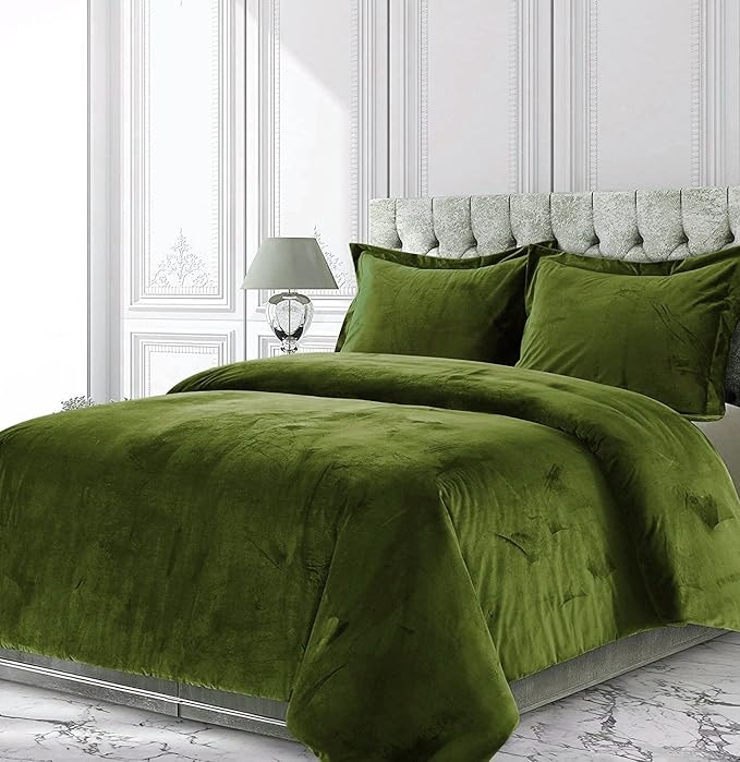 Olive 3 Pieces Velvet Comforter Set California King Size (Comforter + 2 Pillowcases) Crinkle Crushed 400 GSM