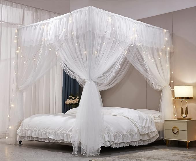 VETHIN 4 Corners Post Ruffle Princess Bed Canopy Curtain-Double Layer Cozy Drape Netting 4 Opening Mosquito Net for Girls Adults Bedroom Decoration (White/White, 64" W*82" L*82"*H/(Queen))