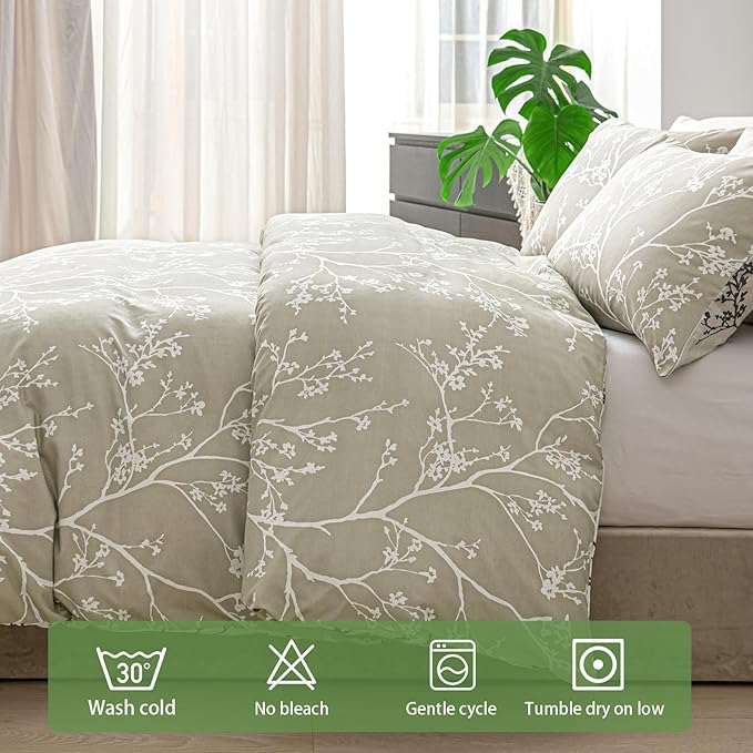 Lekesky Queen Size Duvet Cover Set, Reversible Duvet Cover Queen with Branch Pattern, Lightweight Soft Microfiber Comforter Cover, 3 Pieces Khaki Bedding Set with Zipper and 2 Pillowcases
