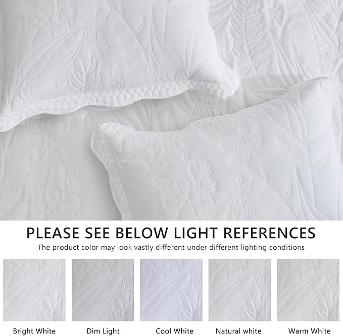 Botanical Bedspread Full Size - Leaves Pattern Stitching Quilt Set - Elegant & Fresh Style Bedding Coverlets, Reversible, Lightweight, 5 Piece, White