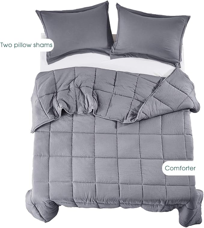 HIG 3pc Prewashed All Season Down Alternative Comforter Duvet Insert - Quilted Comforter with Corner Tabs -Box Stitched -250GSM Fiberfill Chic Farmhouse Style Bedding(Salomon,King,Gray)