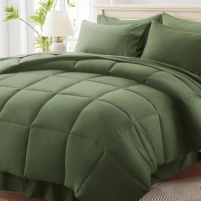 Anluoer California King Size Bed in a Bag 7 Pieces,Olive Green Cal King Comforter Set with Sheets,All Season Bedding Sets with Comforter,Pillow Shams,Pillowcases,Flat Sheet,Fitted Sheet