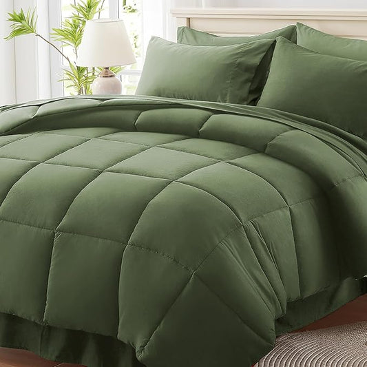 Anluoer California King Size Bed in a Bag 7 Pieces,Olive Green Cal King Comforter Set with Sheets,All Season Bedding Sets with Comforter,Pillow Shams,Pillowcases,Flat Sheet,Fitted Sheet
