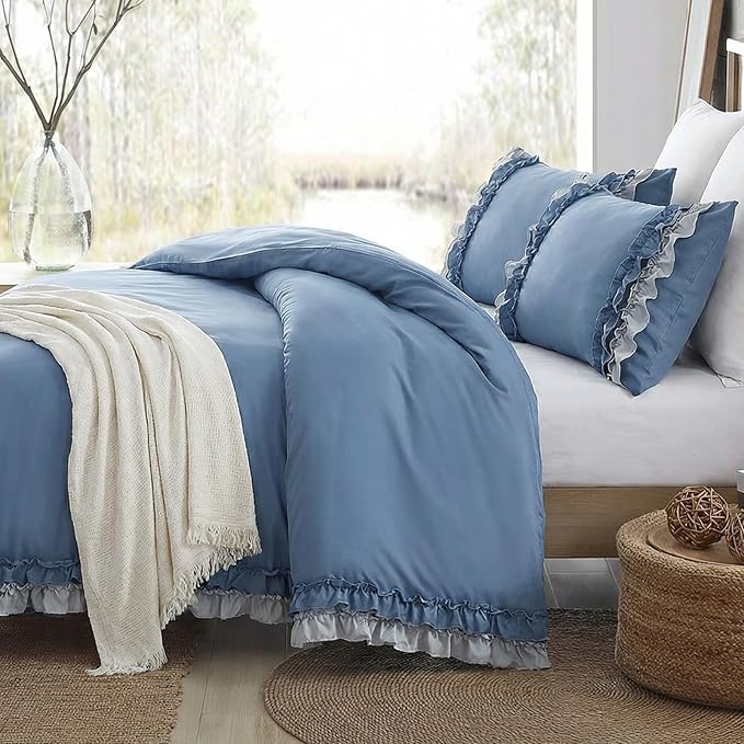 Blue Ruffle Duvet Cover Set Shabby Chic Boho Bedding Queen Elegant Lace Fringe Ruffled Bedding Super Soft Lightweight All Season Duvet Cover with Pillowcases