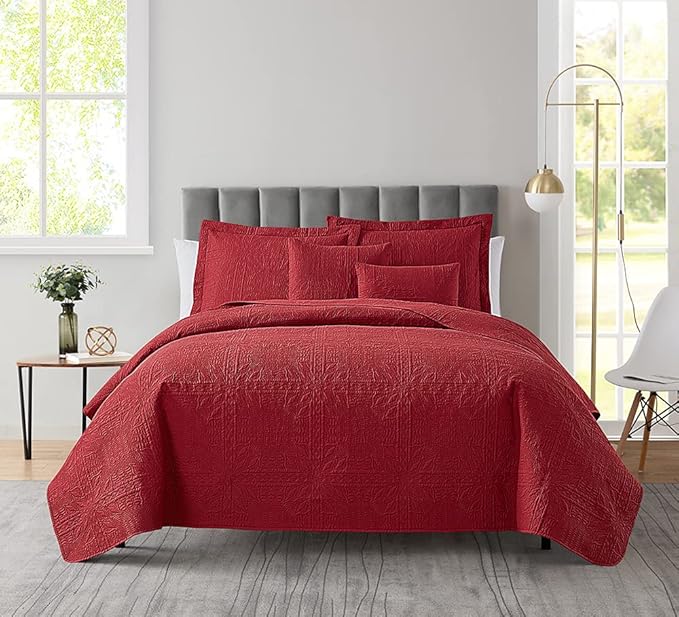 Hearth & Harbor Quilts King Size - All Season Bedspread Coverlet Set, Pinsonic Weave Lightweight Bedding Set - 5 Piece King Quilt Set with Pillow Shams, Grid - Burgundy