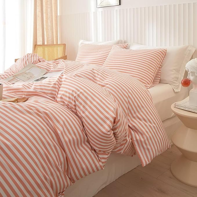 LifeTB King Size Comforter Set Pink White Stripes Pattern Comforter Modern Striped Comforter Set Fluffy Lightweight 3 Pieces Bedding Comforter Farmhouse Stripes Boho Bed Comforter with 2 Pillowcases