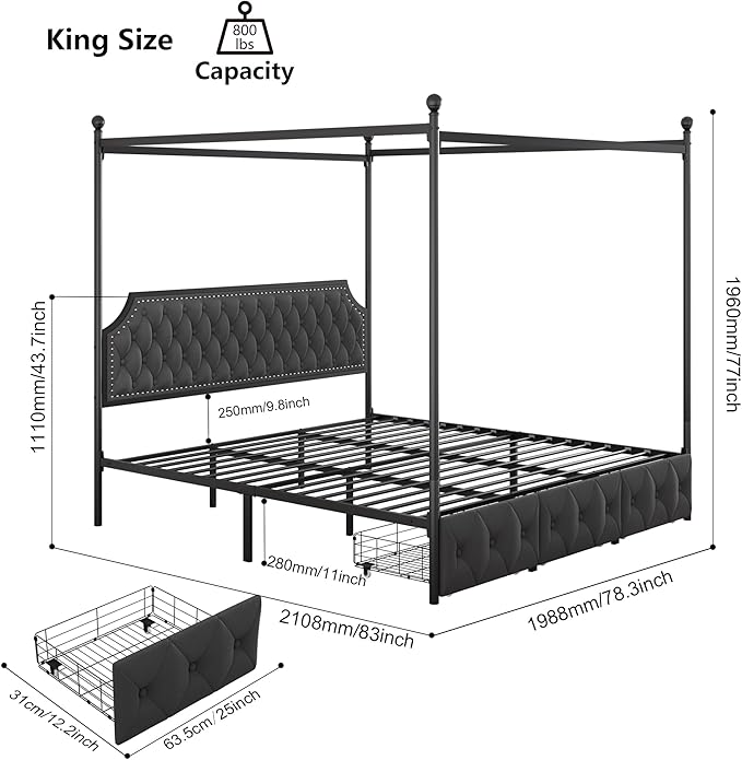 Keyluv King Upholstered Canopy Bed Frame with 3 Drawers and Button Tufted Headboard Metal Platform Bed with 4 Removable Posts Two-Purpose Velvet Bed No Box Spring Needed Dark Grey/Curtain Not Included