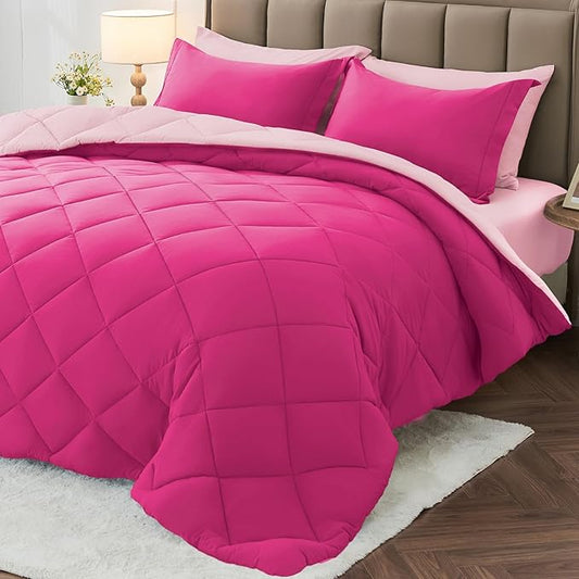 MUXHOMO 7 Pieces Oversized Queen Comforter Set, Reversible Bed in a Bag Oversized Queen Size, All Season Bedding Set with Comforter, Flat Sheet, Fitted Sheet, Pillowcases & Shams, Hot Pink & Baby Pink