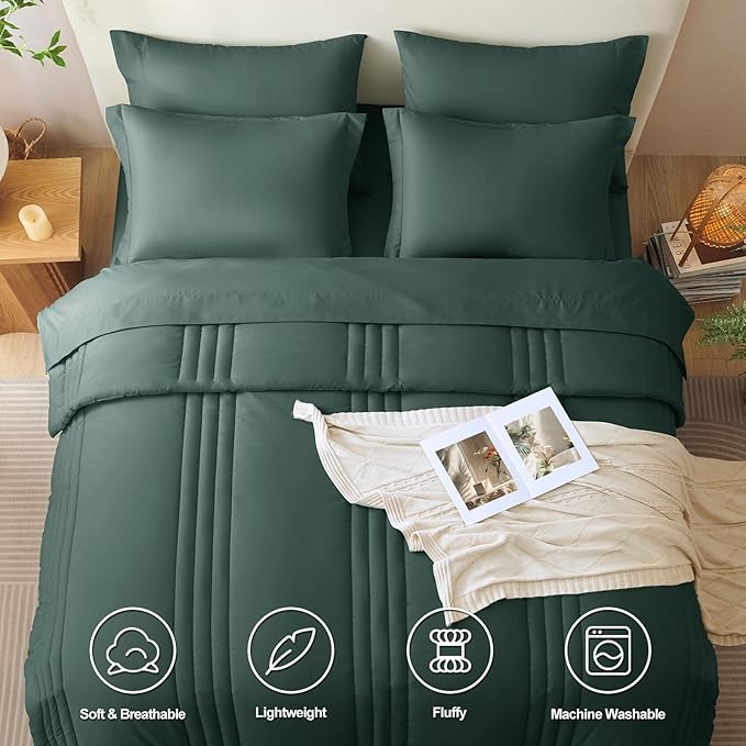 CozyLux Queen Comforter Set - 7 Pieces Bed in a Bag Forest Green Comforter Set with Sheets Luxury Bed Set All Seasons, Soft Bedding Set with Down Alternative Comforter, Sheets, Pillowcases & Shams