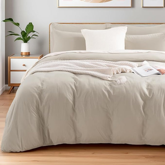 NEXHOME PRO 100% Washed Cotton Duvet Cover Full Size, Ogranic Natural Linen Feel Breathable Bedding Set with Zipper Closure, 3 Pieces Duvet Cover Set Linen (No Comfortert) 8090