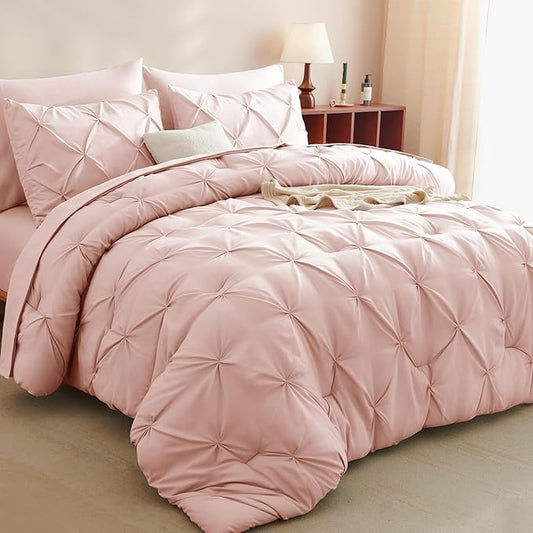 CozyLux Full Size Comforter Sets Blush Pink, 7 Pieces Pintuck Bed in A Bag Pink Comforter Full Size, Pinch Pleat Bedding Sets with All Season Comforter, Sheets, Pillowcases & Shams