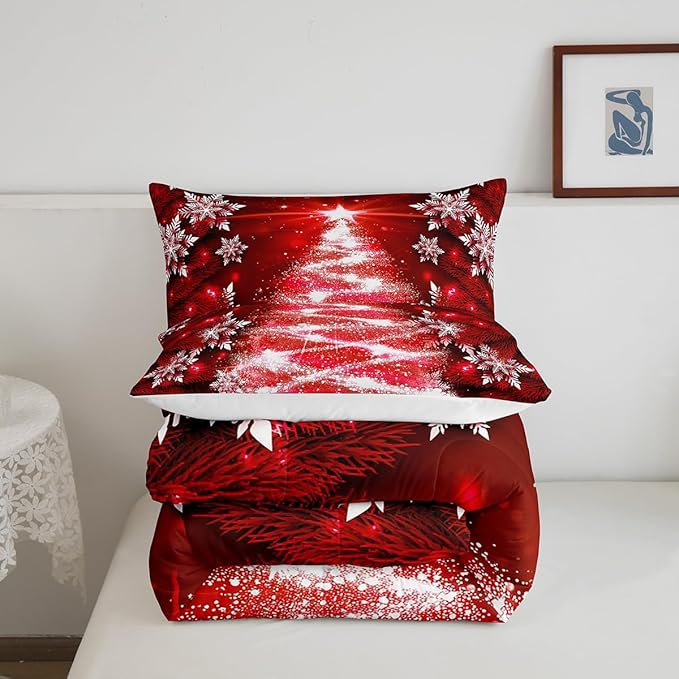 Feelyou Christmas Comforter Set Queen Size Red Christmas Tree Bedding Set Glitter Snowflake Comforter Microfiber Kids Adults Holiday Winter Duvet Quilt Xmas Room Decor