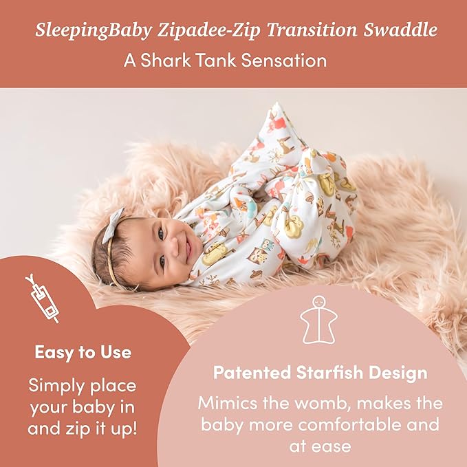 SleepingBaby Zipadee-Zip Transition Swaddle (Woodlands, Small for 4-8 Months) and Snuggle Strap (Grey, One Size) - Wearable Baby Blanket and Accessory for Easy Diaper Changes - Polyester, Spandex