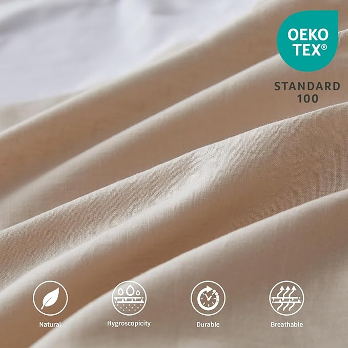 BISELINA French Linen Wrap Around Bed Skirt with Pleated Corner 18-Inch Tailored Drop Natural Flax Cotton Blend Basic Soft Cozy (18" Queen, Linen)